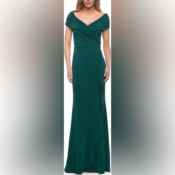 La Femme Ruched emerald Jersey Column Gown size 10 NWOT - Picture 1 of 7